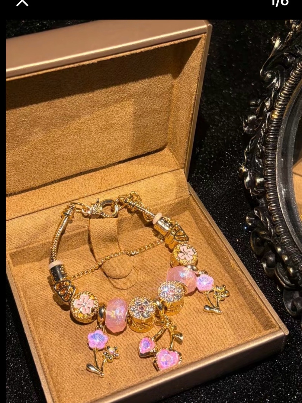 Gold-Tone Pink Cherry Charm Bracelet - Floral Dangle Bracelet